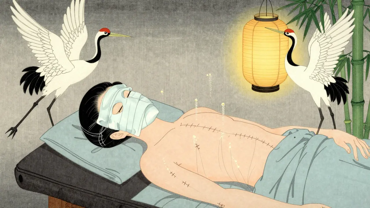 Пациентка отдыхает после процедуры, под кожей видны тонкие нити, как шёлковые узоры.