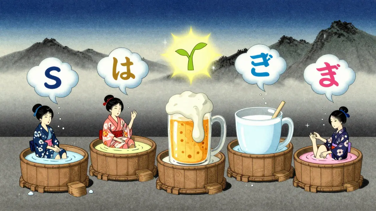 Пять миниатюрных ванночек для ногтей в японском стиле: соль, масло, пиво, молоко, желатин — каждая с символом восстановления.