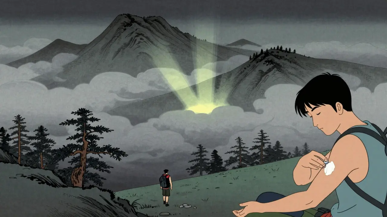 Пейзаж гор под тучами, где скрытые лучи достигают людей