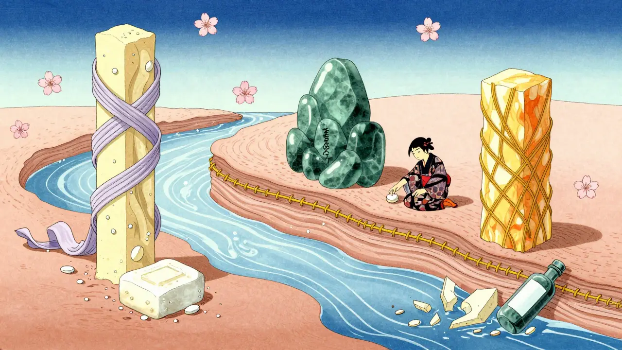 Пейзаж кожи с тремя ключевыми липидами — церамидами, холестеролом и линолевой кислотой — как священные столпы, восстанавливающие барьер.