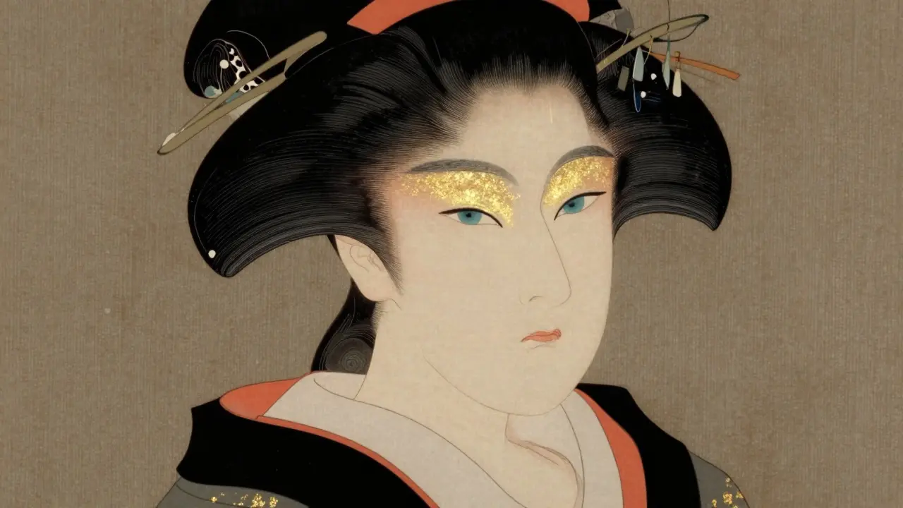 Портрет девушки с ярко-голубыми глазами и акцентным макияжем.