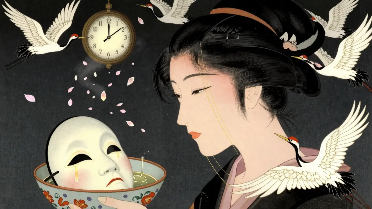 Профиль женщины с подтянутой кожей, вокруг — падающие лепестки и журавли, символизирующие обновление.