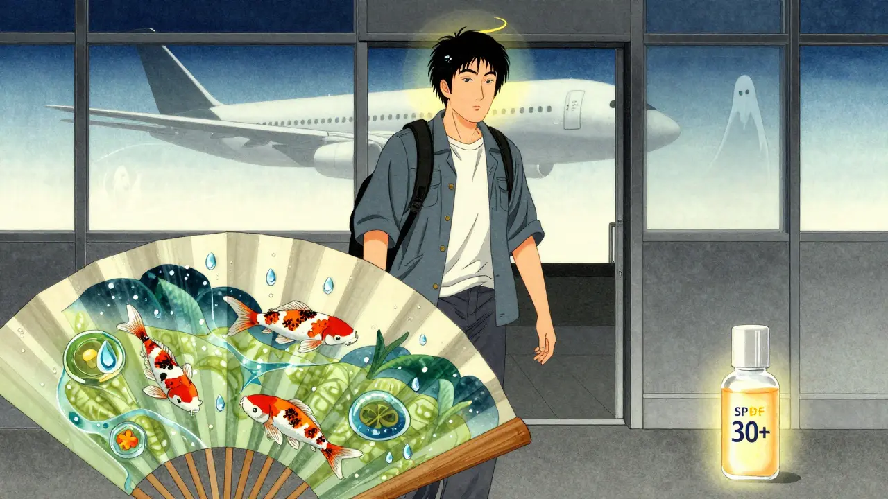 Путешественник после полета с сияющей кожей и символами восстановления.