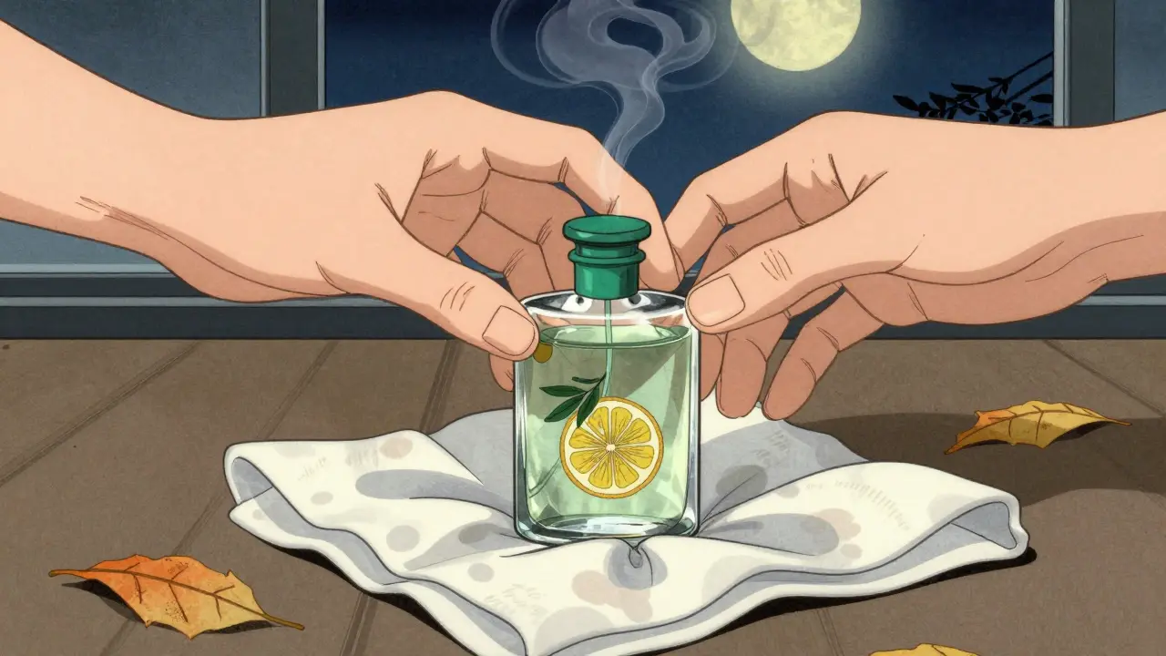 Рука кладет флакон парфюма на шелковый платок, вокруг — тонкие следы цитрусов и табака.