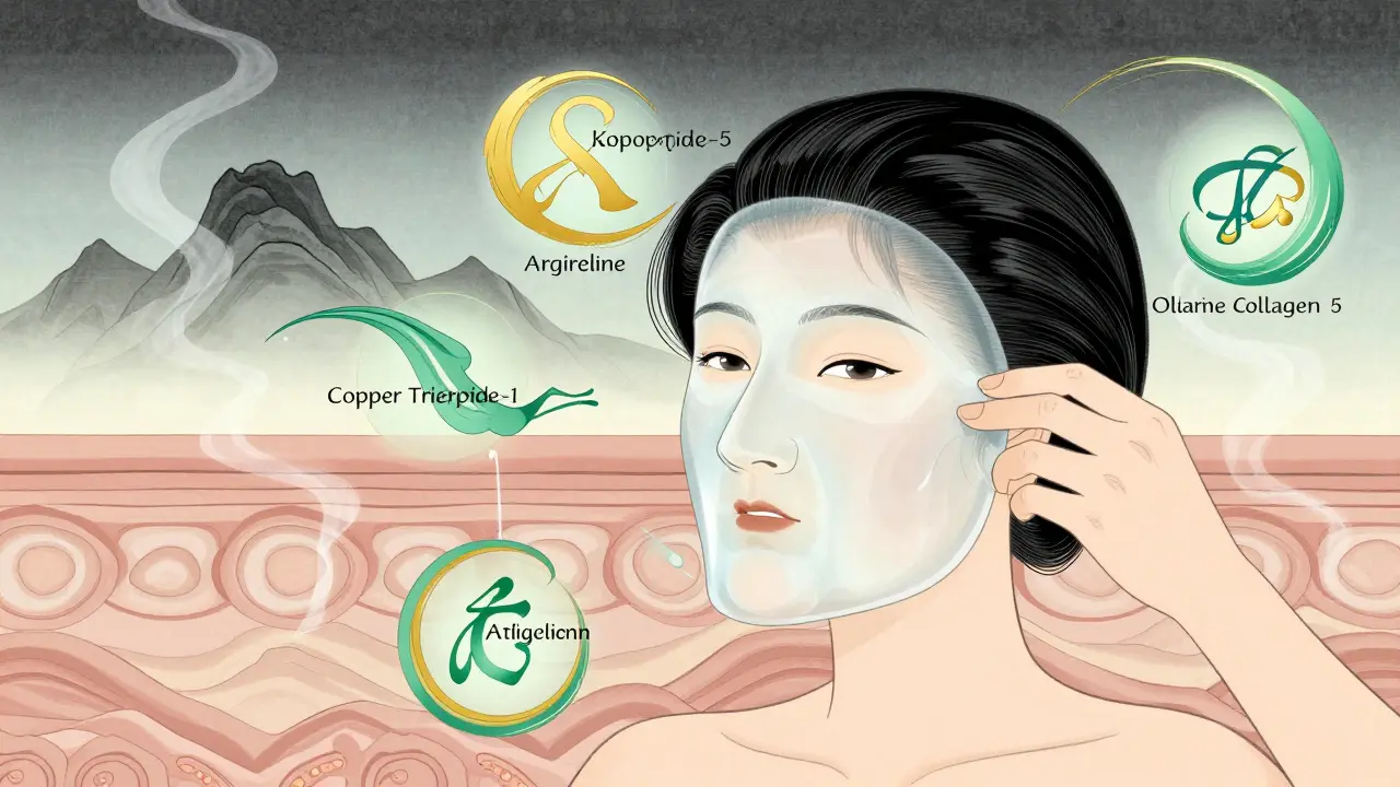 Рука накладывает маску, вокруг неё — пять элегантных символов пептидов в стиле каллиграфии.