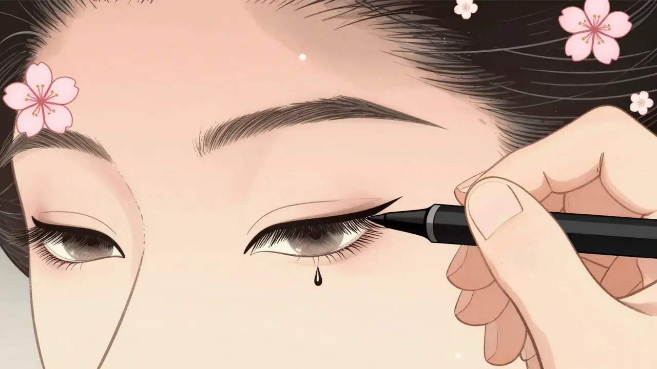 Рука рисует стрелку вверх, а не вниз — ключевой лайфхак для нависшего века.