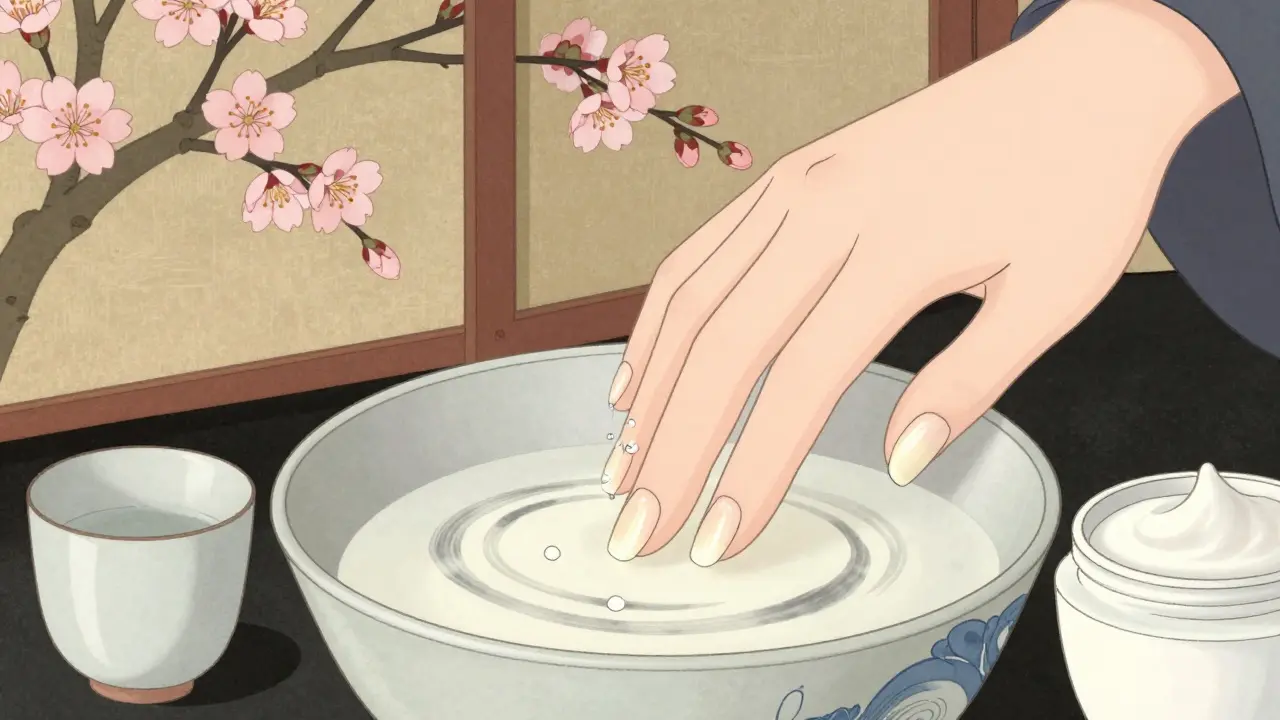Рука в молочной ванночке с каплями йода, ногти блестят, на фоне японского экрана с сакурой, рядом крем и чашка.