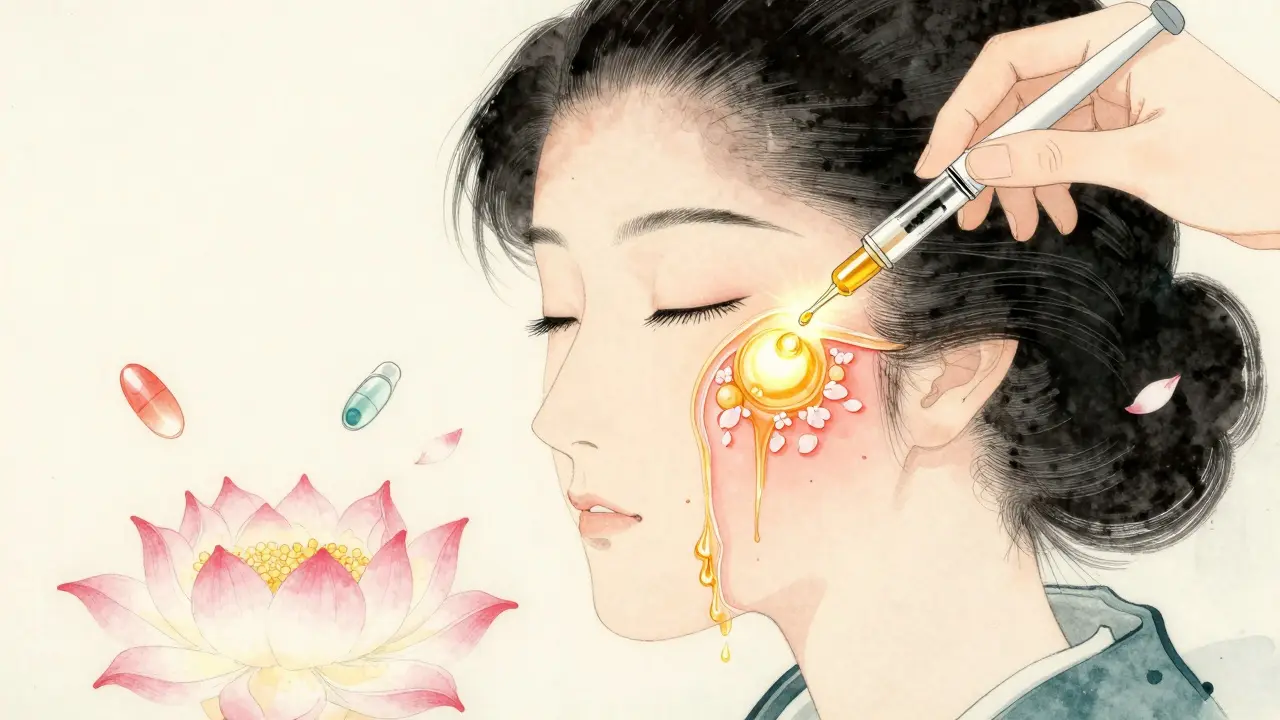 Рука вводит гиалуроновую кислоту в кожу, золотые сыворотки текут как лепестки сакуры.