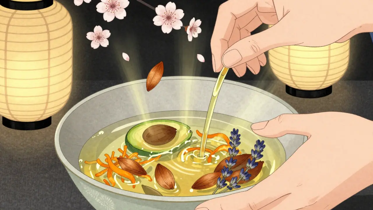 Руки смешивают три вида масел с натуральными добавками в керамической чаше, в фоне — цветущие сакуры.