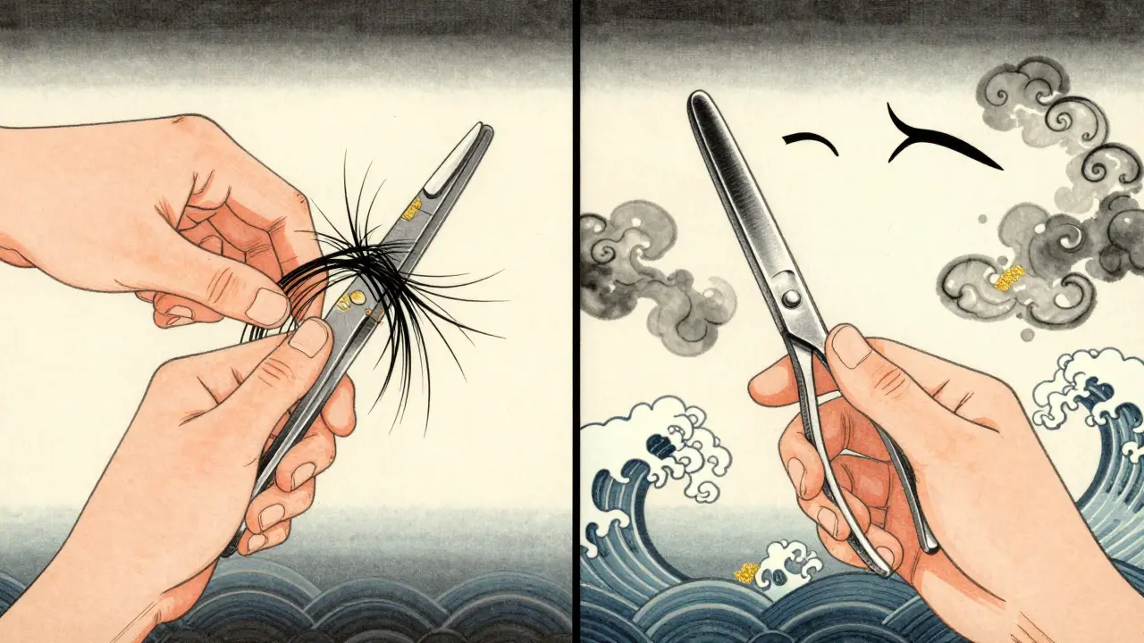 Сравнение дешевого и качественного пинцета: слева — поломанный, справа — идеальный, с узорами в стиле укиё-э.