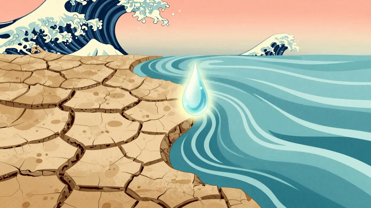 Сравнение сухой поврежденной и увлажненной здоровой кожи, показывающее эффект восстановления.