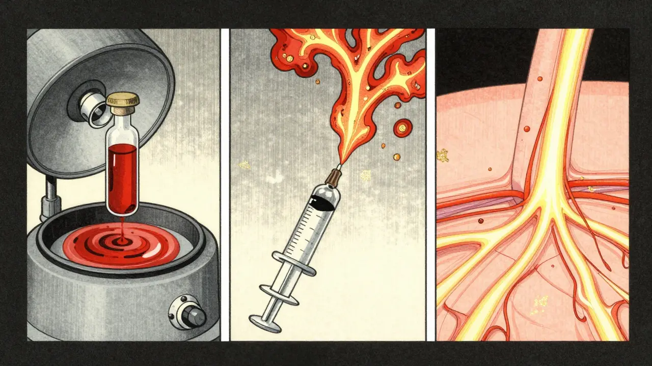 Трёхпанельная иллюстрация процесса плазмотерапии: кровь, центрифуга, инъекция.