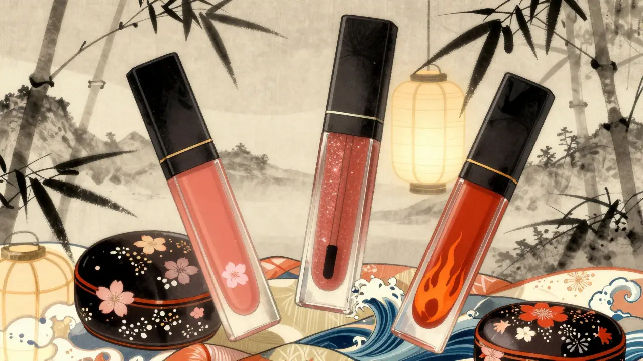 Три вида блесков для губ на шелковой ткани с японскими узорами: цветы, волны и пламя, мягкий свет и туманная горная даль.