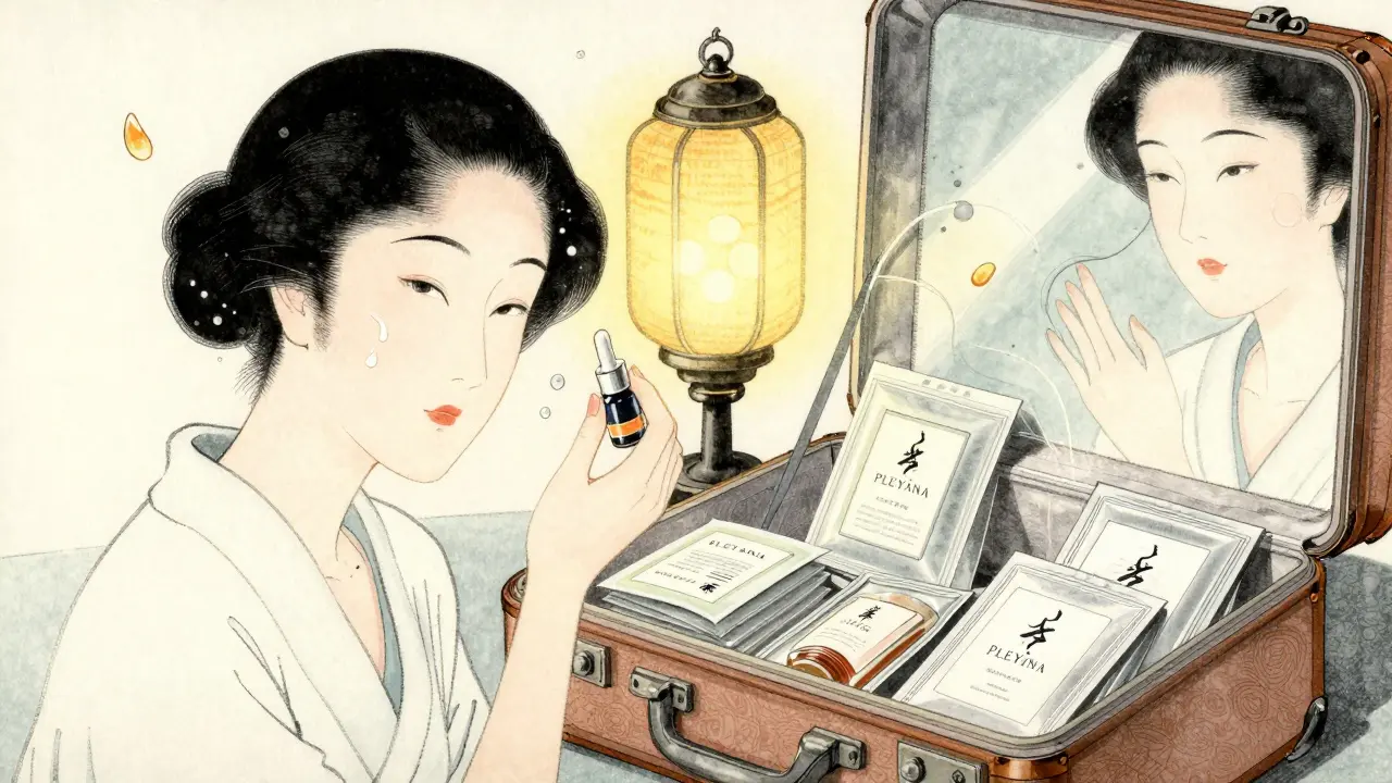 Утренний уход за лицом с сывороткой и миниатюрными средствами в стиле укиё-э.