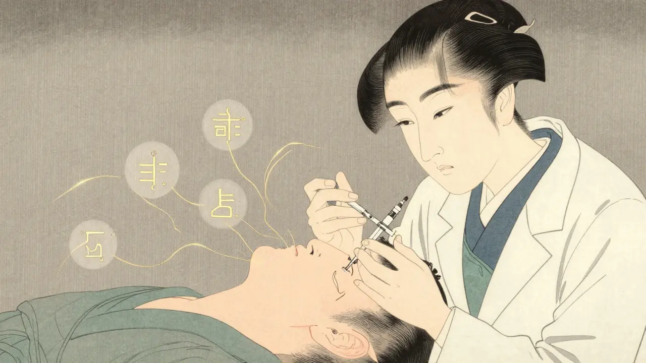 Врач делает инъекции ботокса под мышкой, золотые нити нервных импульсов исчезают в воздухе.