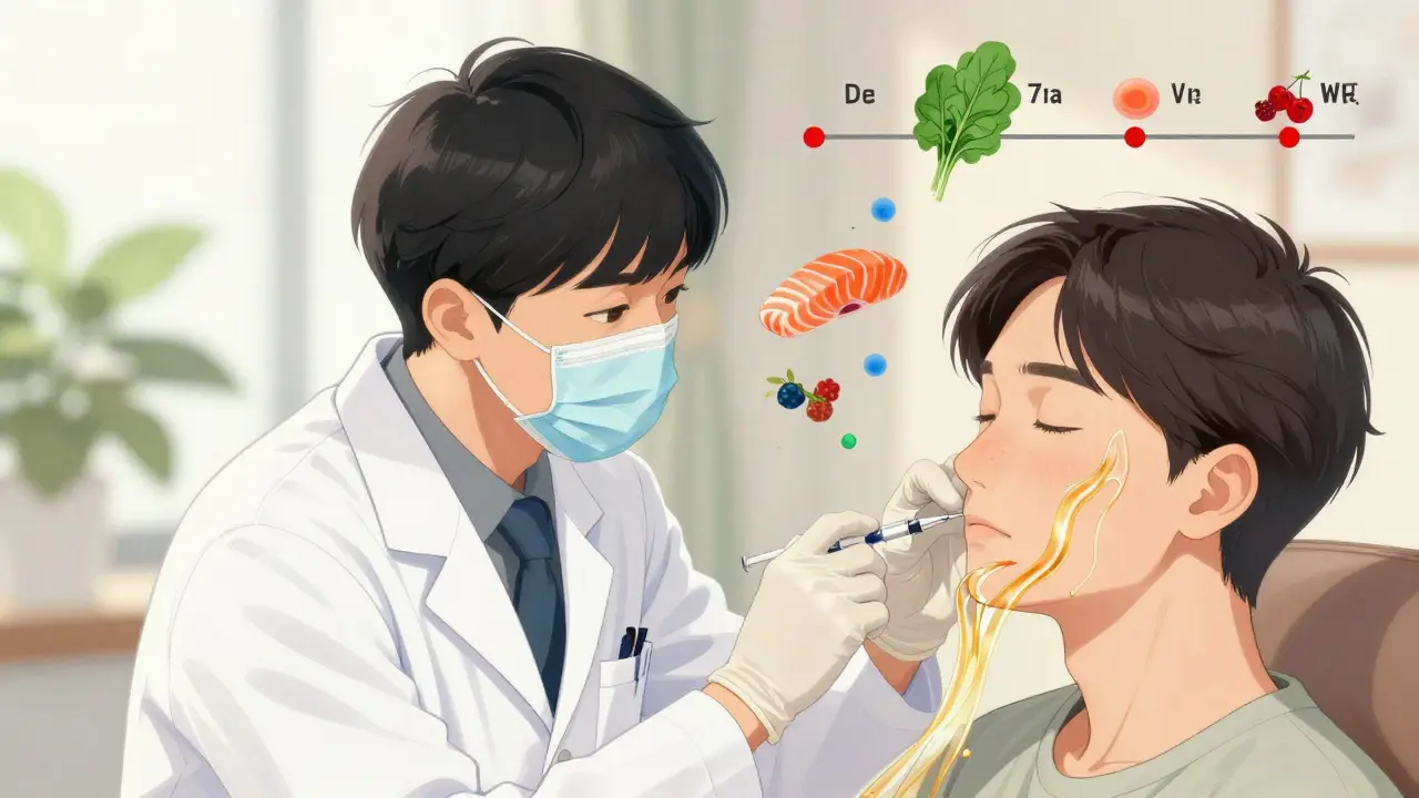 Врач делает инъекции, золотые нити гиалуроновой кислоты плавно входят в кожу, вокруг — продукты и этапы восстановления.