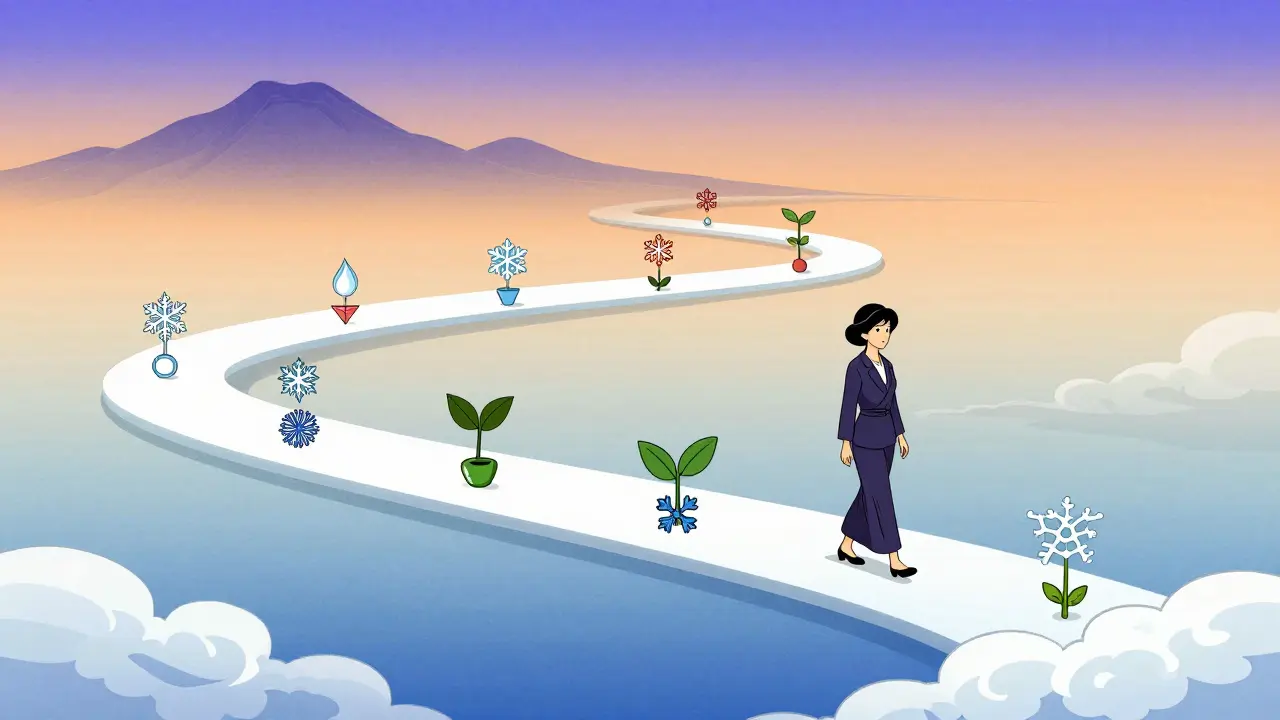 Женщина идет по облачному пути, символизирующему этапы процедур.