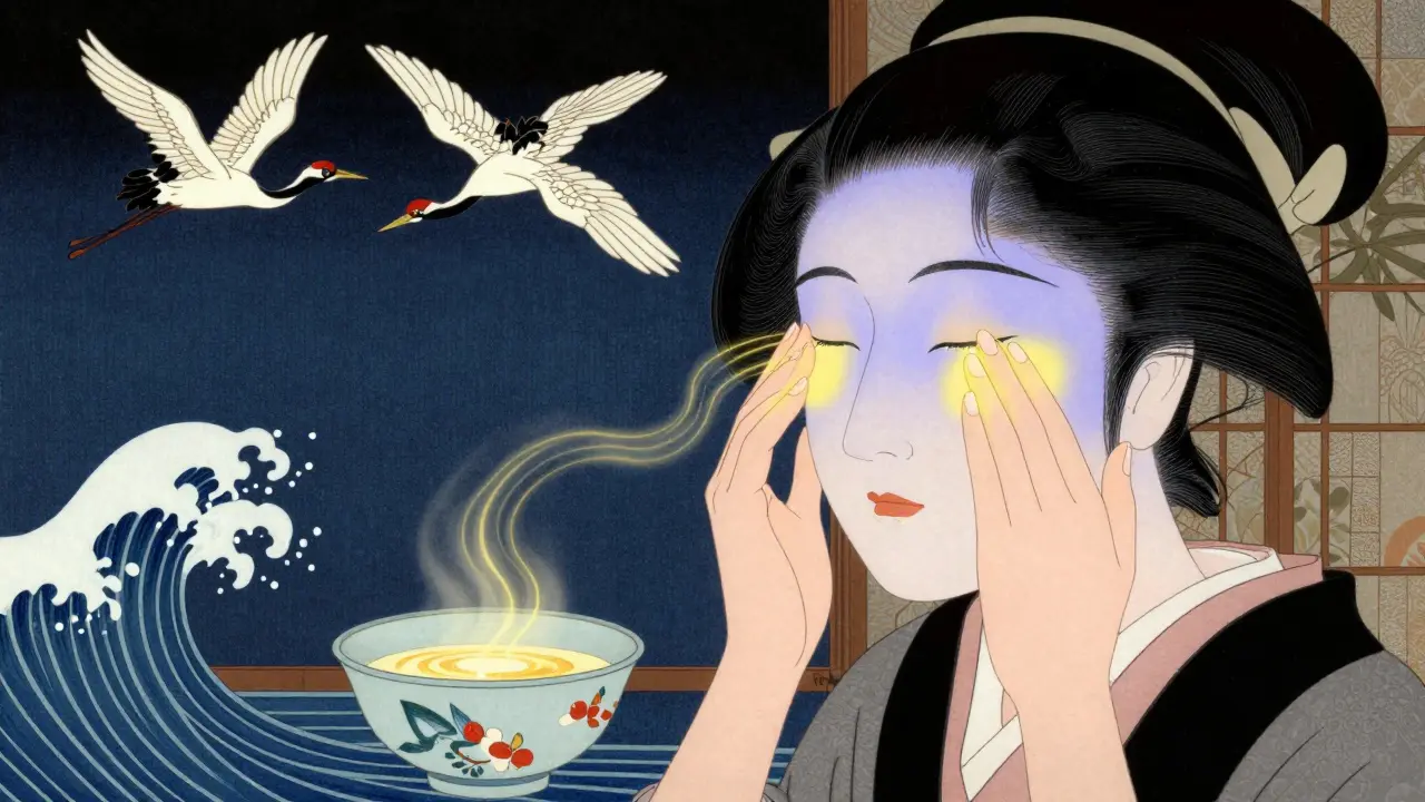 Женщина массирует кожу вокруг глаз маслом, золотые волны исцеления тянутся от пальцев, вокруг — журавли и узоры в японском стиле.