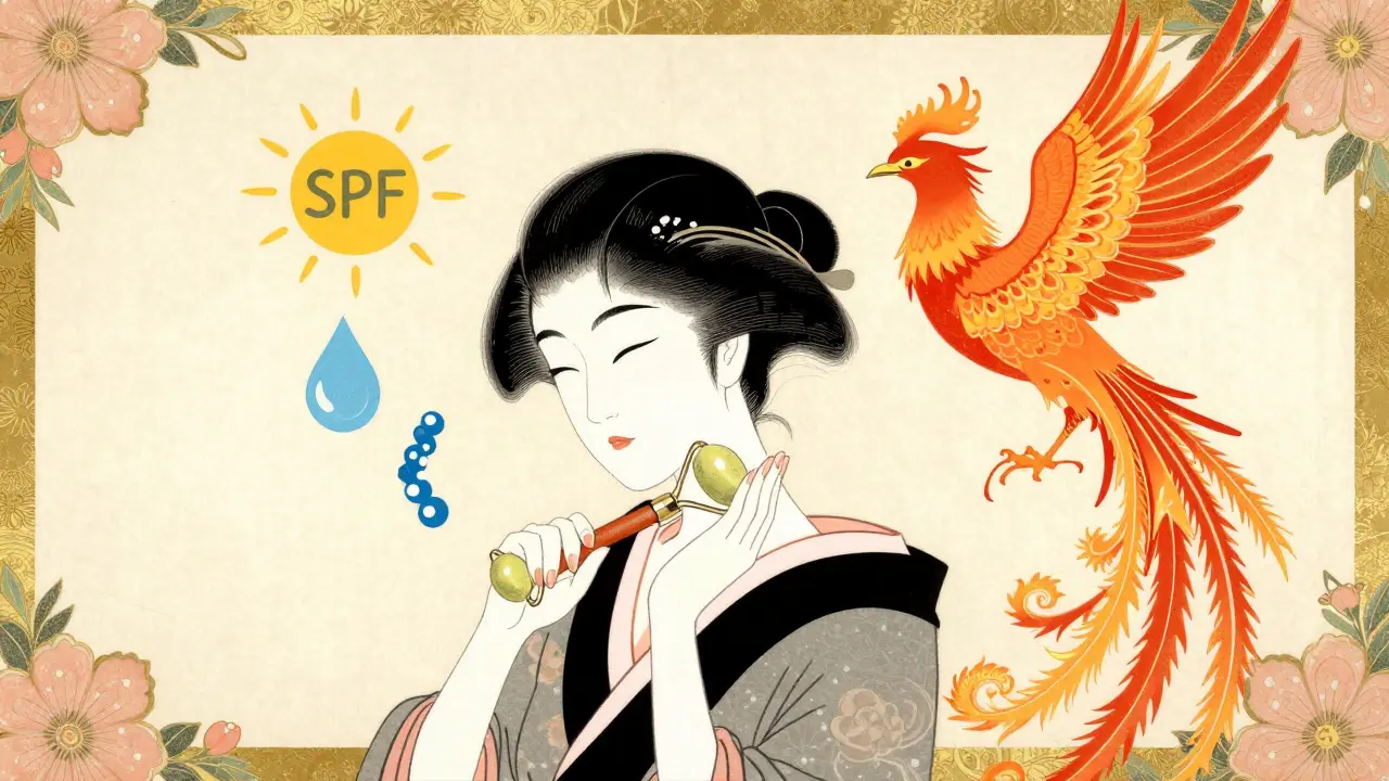 Женщина массирует шею роликом, вокруг неё — символы ухода: солнце, капля, пептиды и феникс.