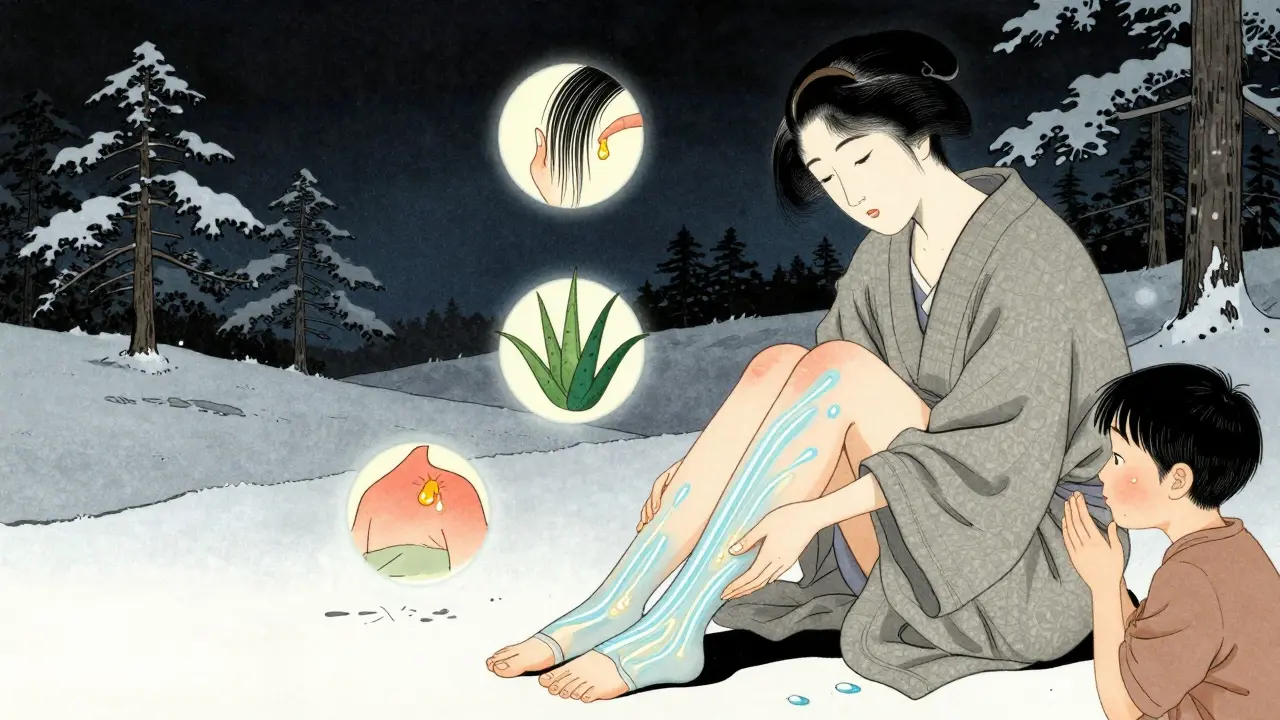 Женщина массирует стопы маслом, вокруг неё плавают символы ухода за волосами, ногтями и кожей, на фоне зимнего пейзажа.