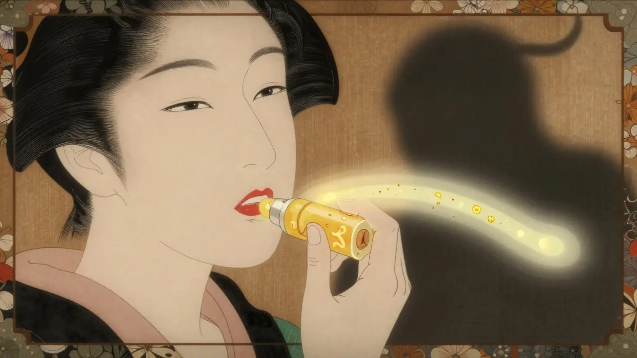 Женщина наносит бальзам с защитными компонентами, тень слюны уходит от губ.