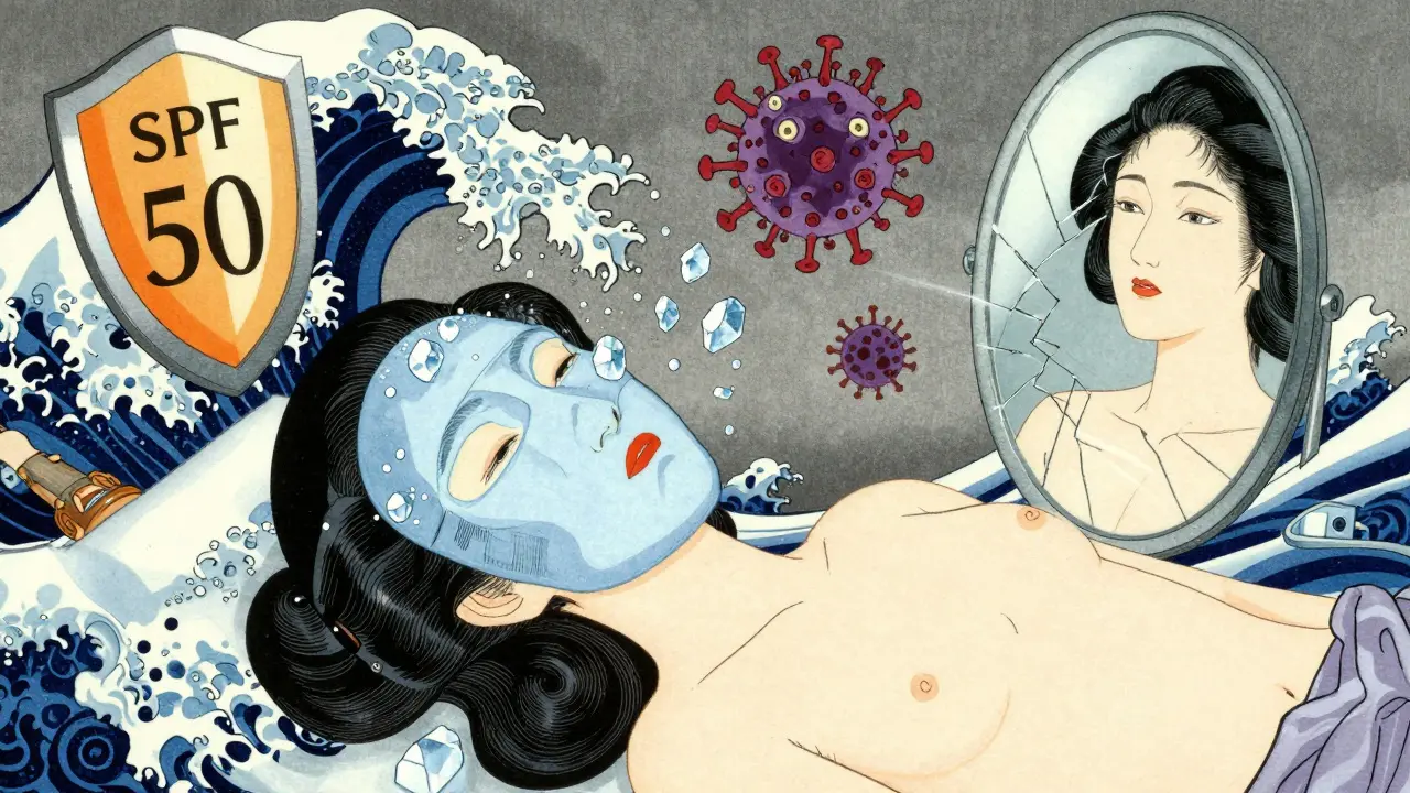 Женщина отдыхает после лазерной процедуры, на лице холодный компресс, вокруг — символы защиты и восстановления.