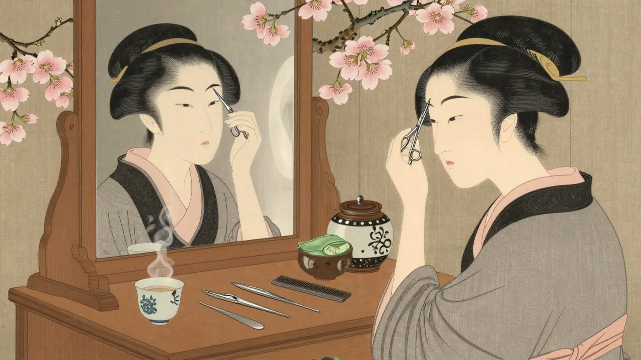Женщина подстригает брови ножницами у туалетного столика, рядом лежат инструменты и косметика в японском стиле.