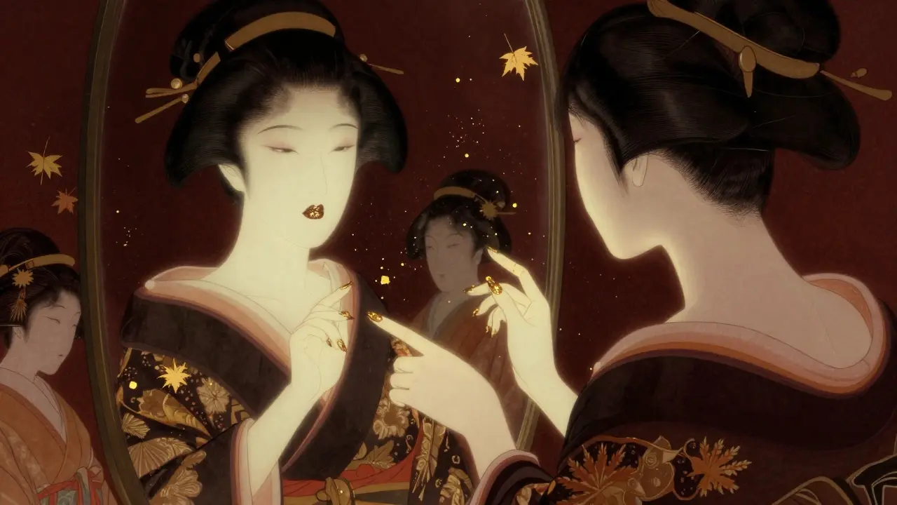 Женщина с губами в металлическом блеске смотрит в зеркало, где отражение показывает более объемные губы, вокруг — призраки японских красавиц и золотые листья.