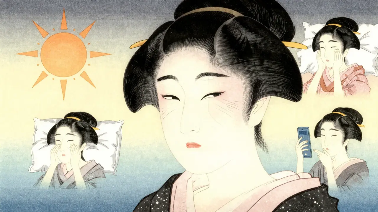 Женщина с мягкими морщинами вокруг глаз, за ней — сцены заботы о коже: солнцезащита, сон на шелке, перерывы от экрана, в стиле укиё-э.