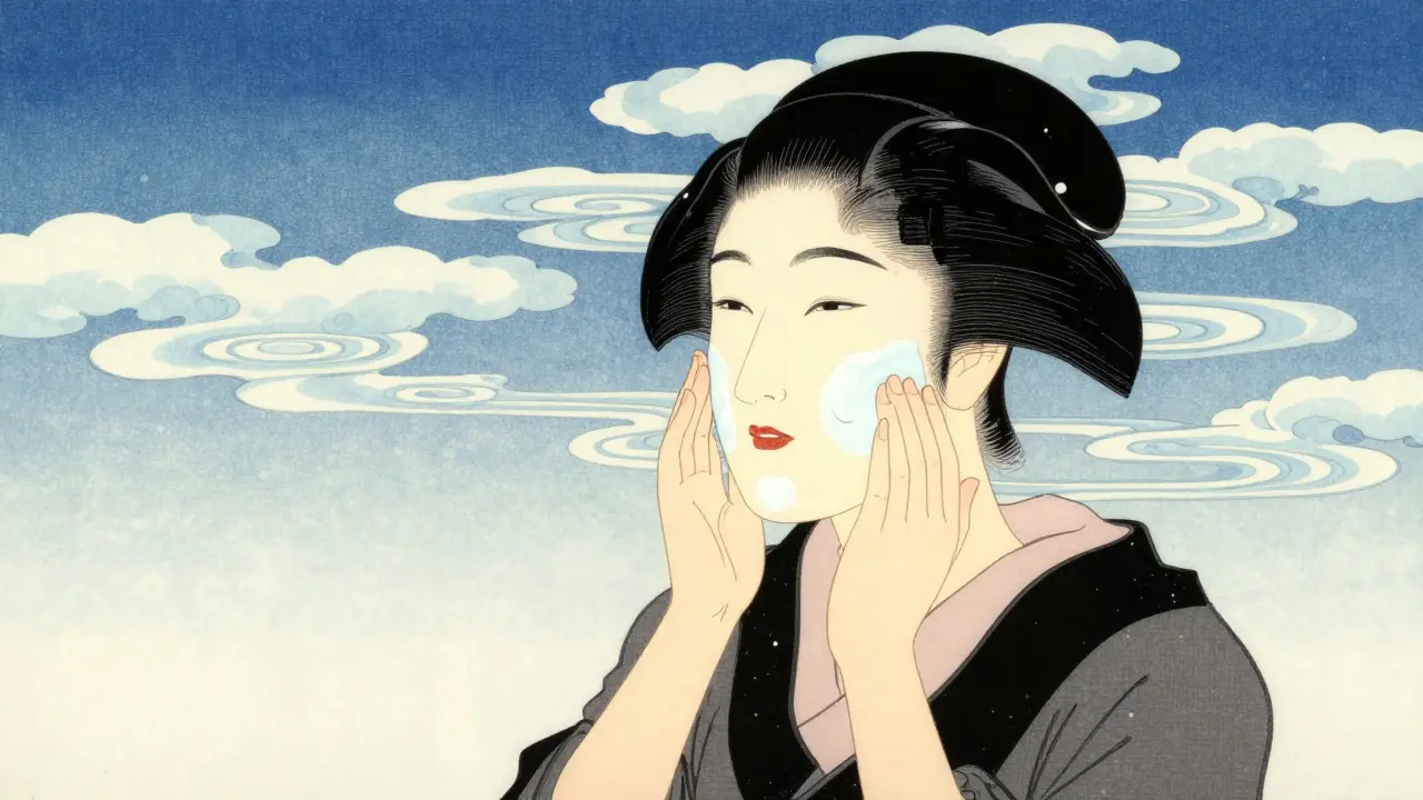 Женщина защищает кожу лица от зимнего ветра кремом, создавая защитный слой от раздражителей.