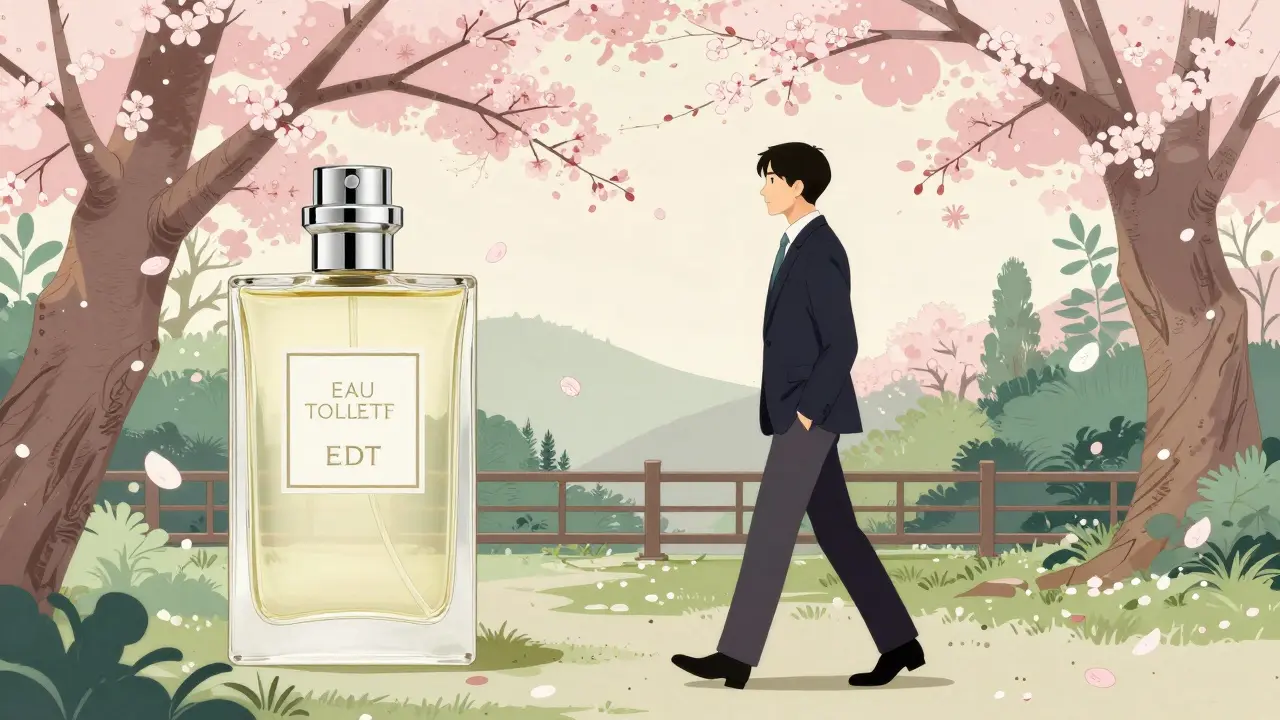 Человек в деловом стиле в цветущем саду, олицетворяющий универсальность туалетной воды