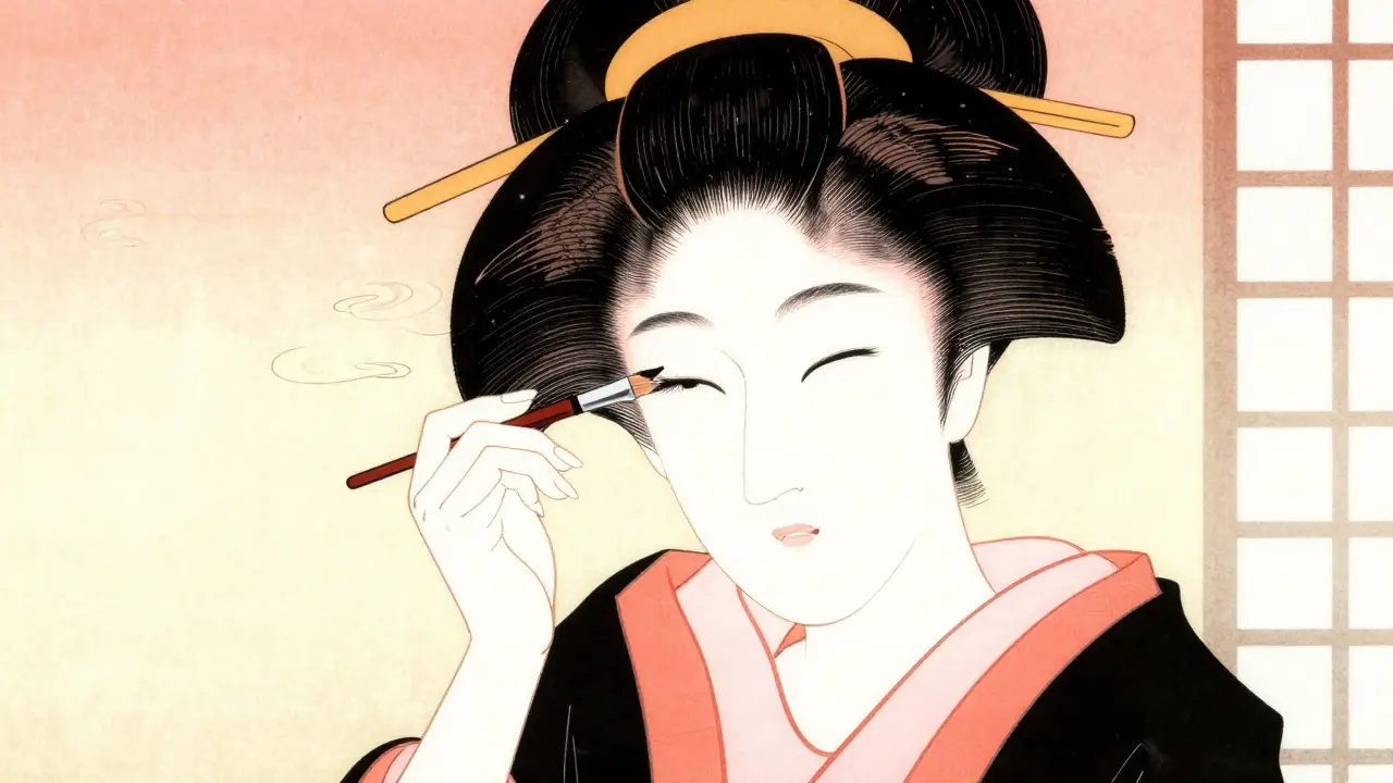Девушка аккуратно расчесывает ресницы щеточкой в стиле японской иллюстрации