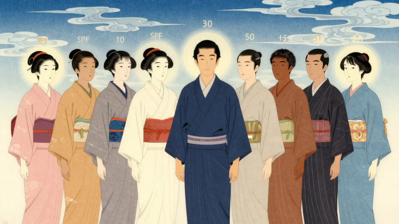 Группа людей с разными типами кожи и уровнями защиты SPF в японском иллюстративном стиле