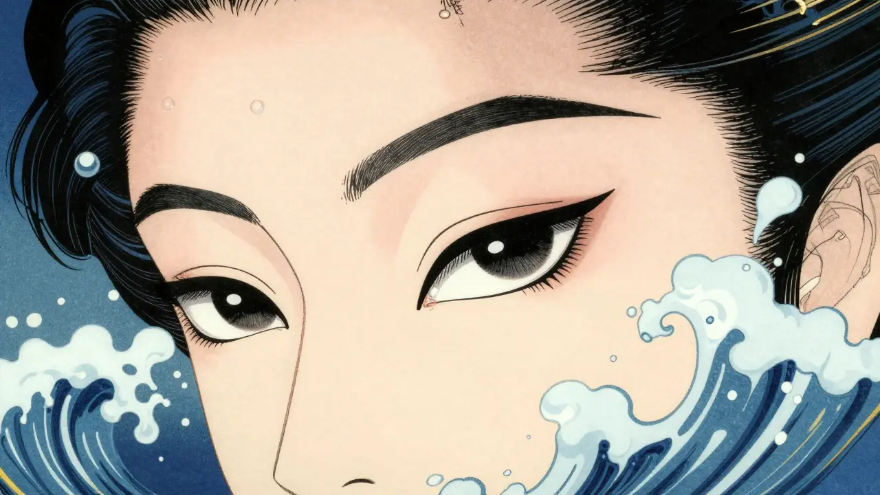 Идеальная стрелка на глазу, окруженная стилизованными брызгами воды