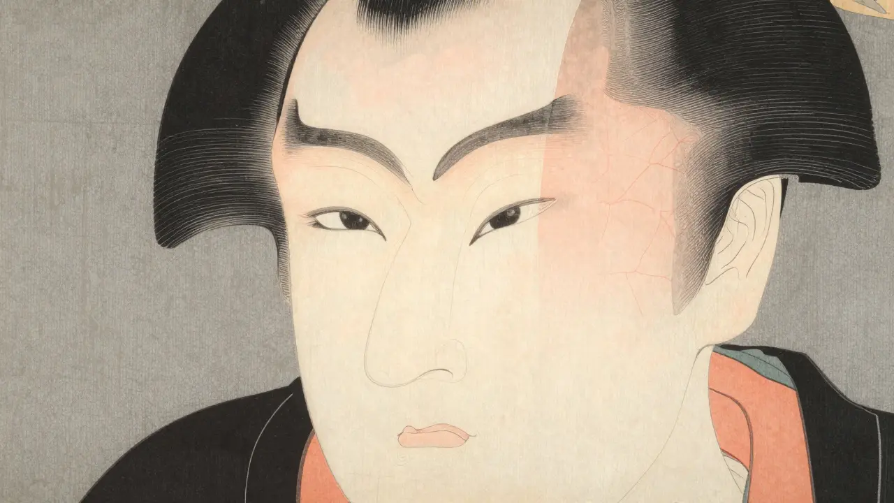 Портрет с признаками «сахарного лица»: тусклая кожа и сосудистые сеточки в стиле японской гравюры