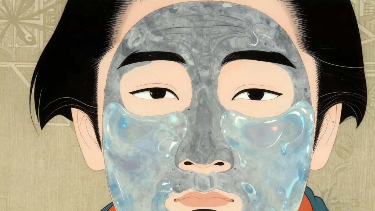 Применение разных масок на Т-зону и щеки в стиле японской графики