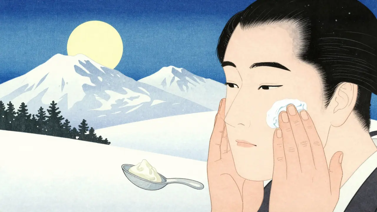 Процесс нанесения солнцезащитного крема в зимнем пейзаже в стиле укиё-э