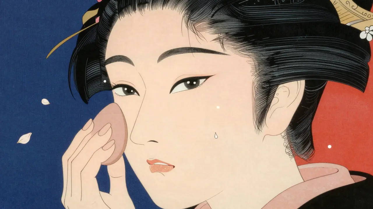 Процесс нанесения тонального крема влажным спонжем в художественном стиле