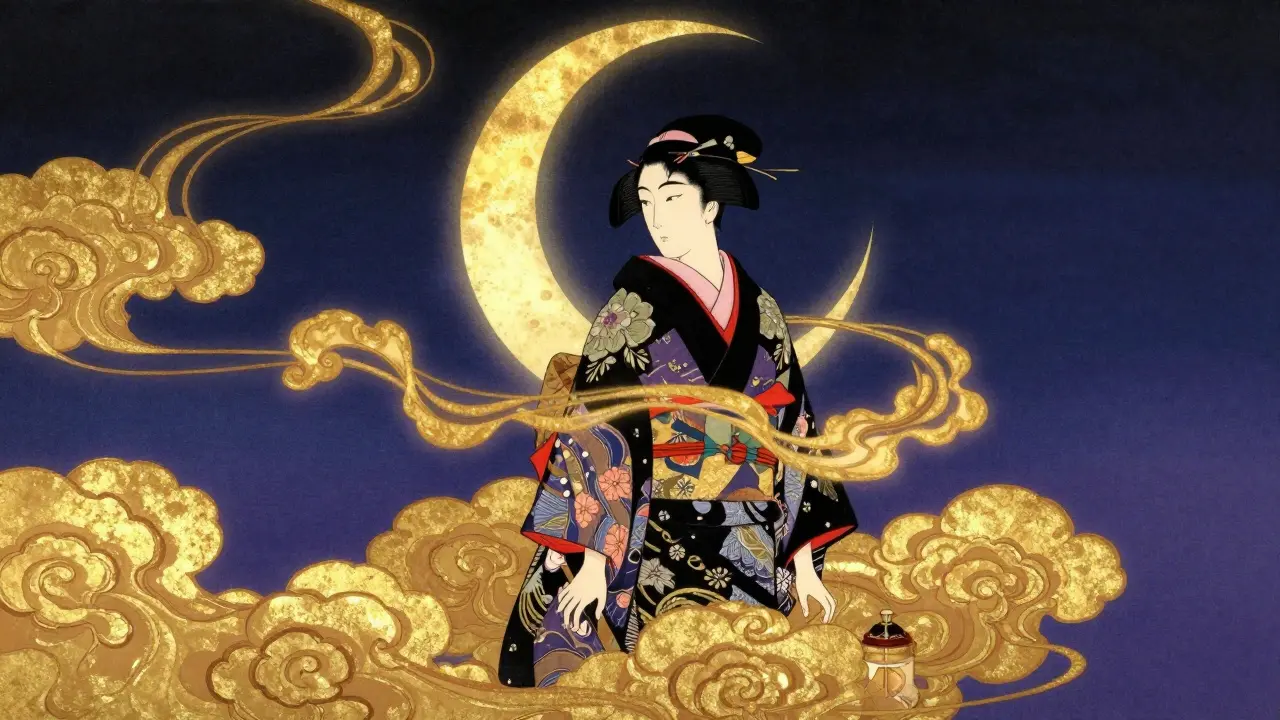 Роскошный образ в кимоно под ночным небом, символизирующий глубину и стойкость духов