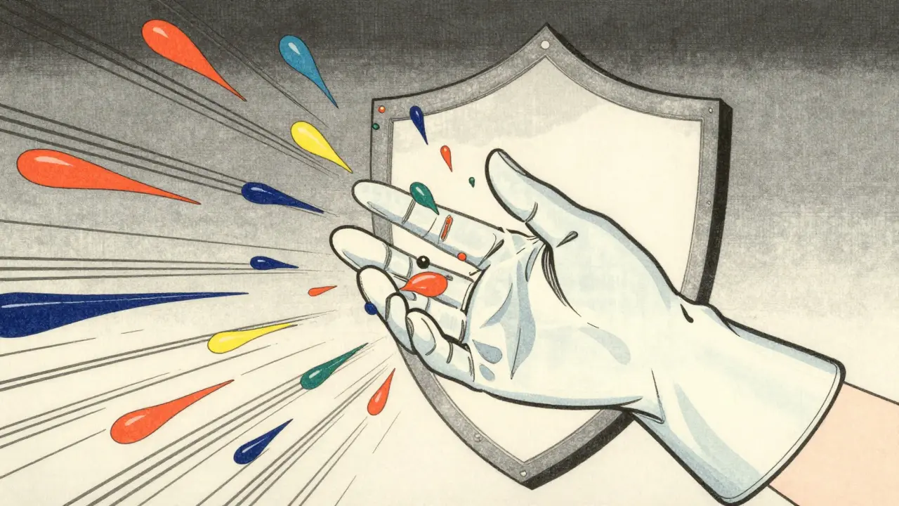 Рука в защитной перчатке, оберегающая ногти от бытовой химии, стиль укиё-э