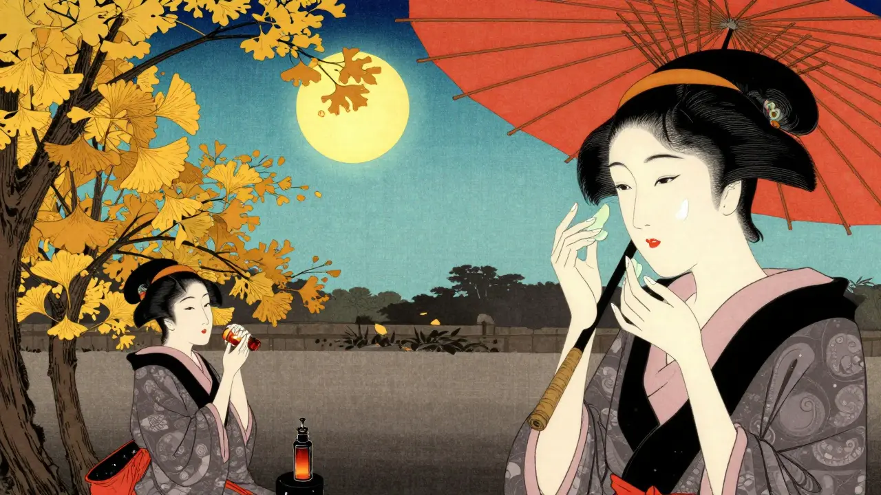 Сцены летней защиты от солнца и осеннего восстановления кожи в традиционном японском стиле.