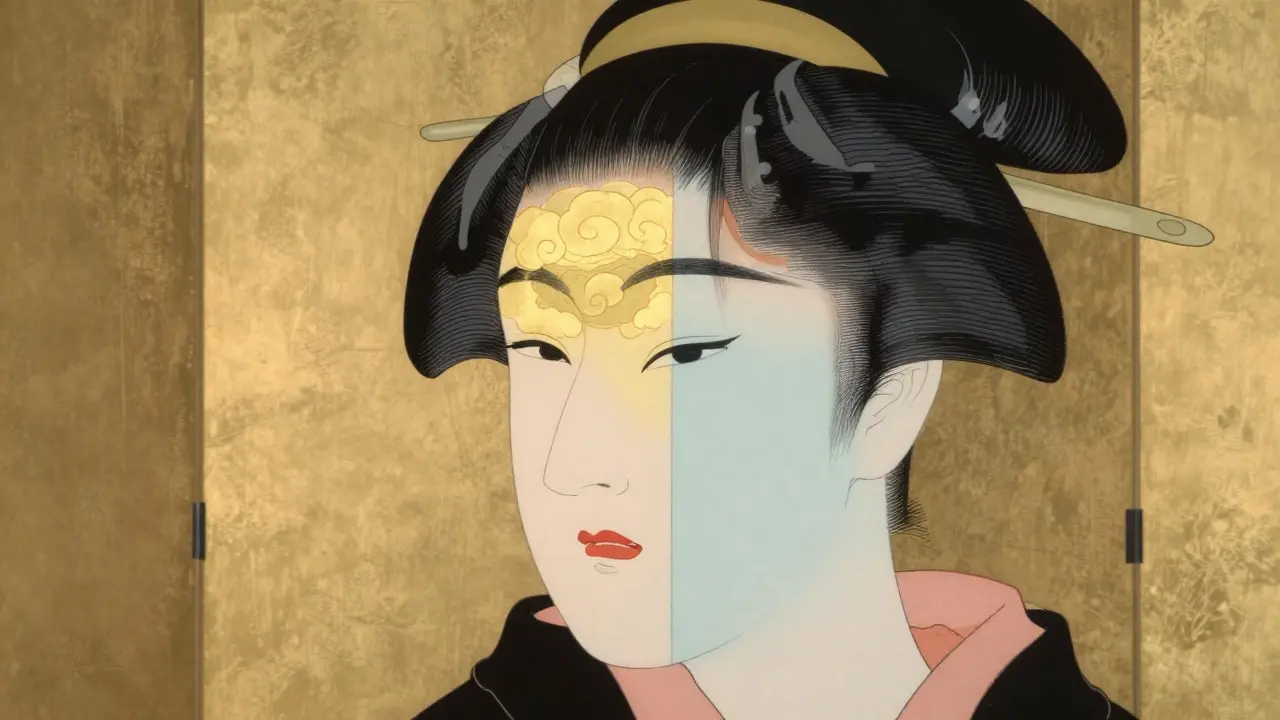 Схематичное изображение комбинированного эффекта филлеров и ботокса в стиле укиё-э.