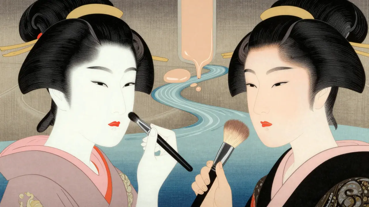 Сравнение эффекта плотного покрытия кистью кабуки и легкого покрытия дуофиброй