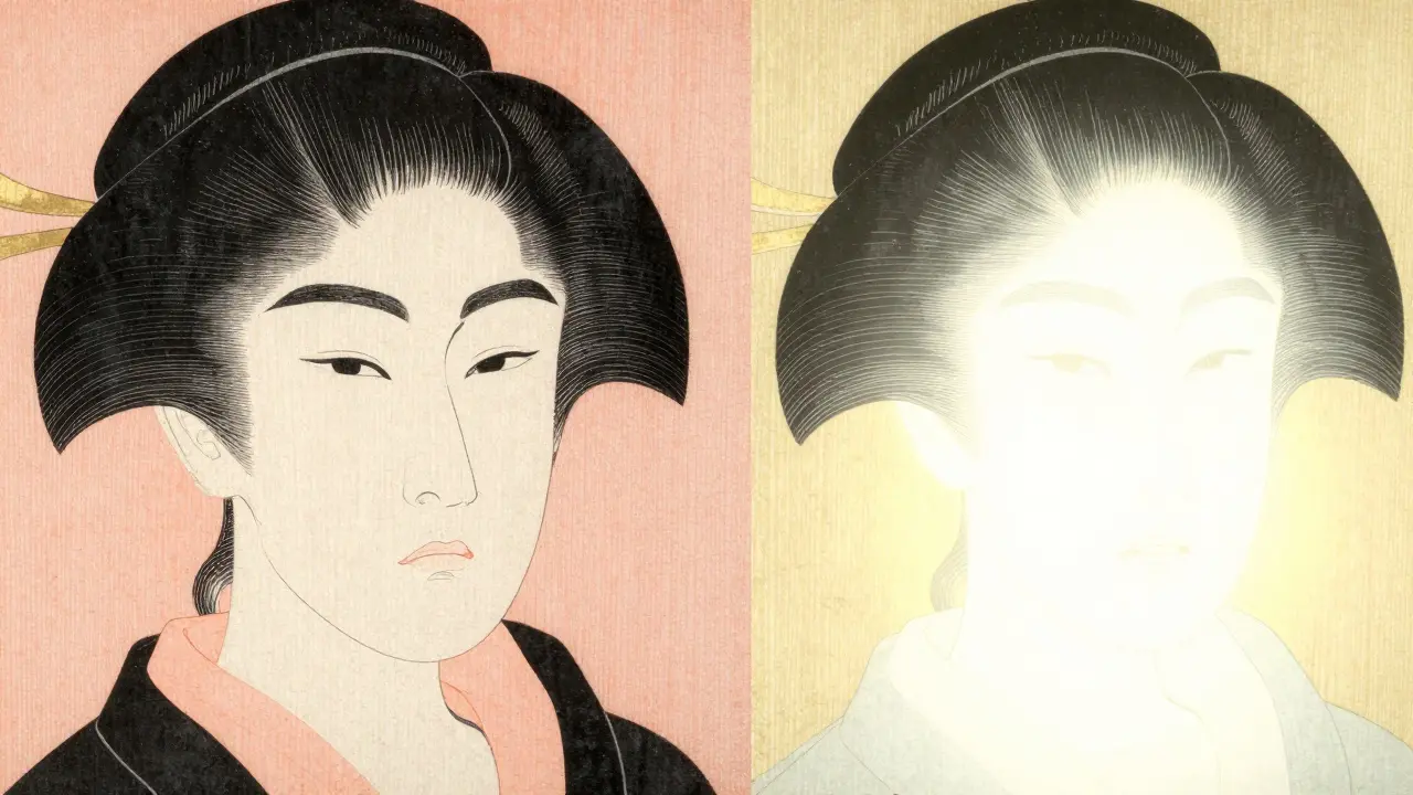 Сравнение лица до и после ботокса в стиле японской графики: разглаживание морщин.