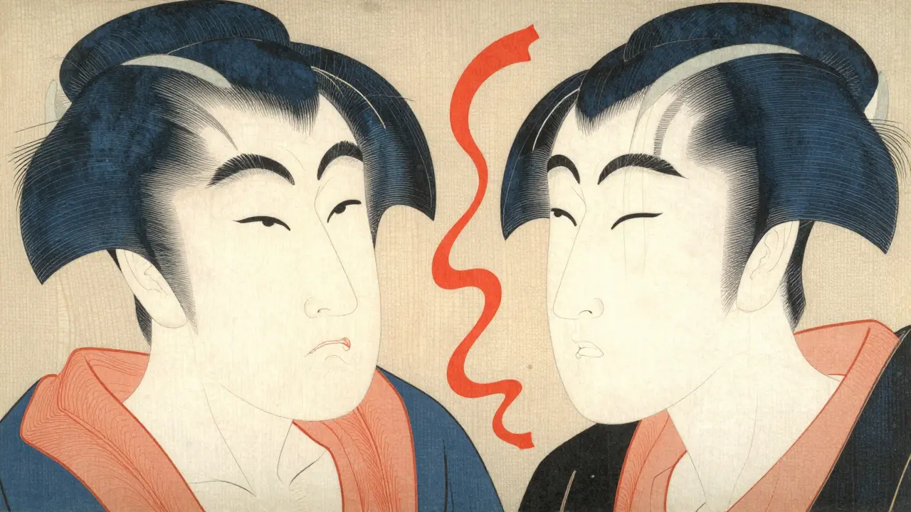 Сравнение напряженных и расслабленных мышц лица в стиле японской гравюры.