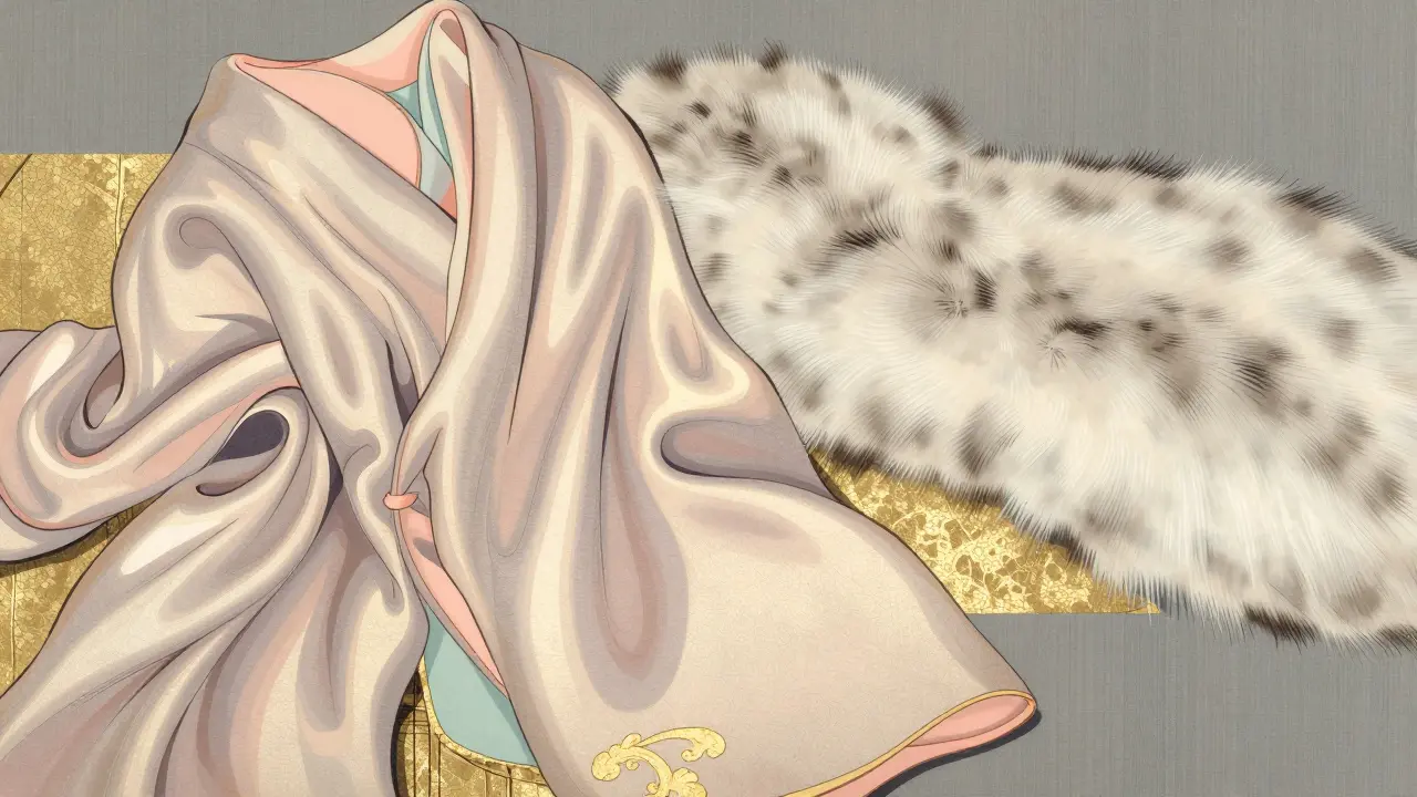 Стилизованное изображение материалов для ресниц: шелк, норка и синтетика в стиле укиё-э.