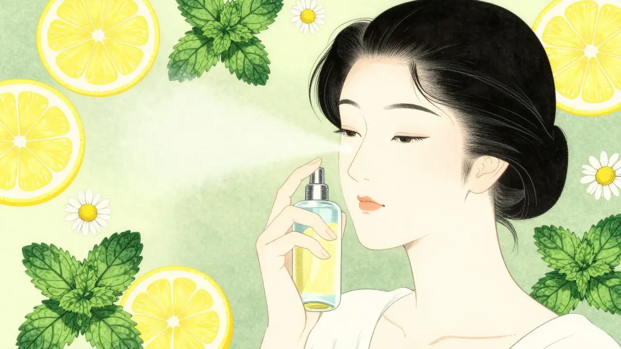 Женщина использует увлажняющий спрей с растениями вокруг в стиле укиё-э