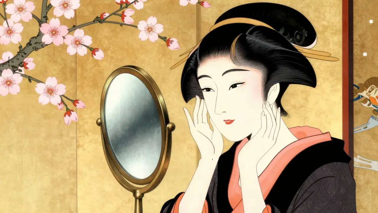 Женщина любуется своим обновленным лицом в зеркале в стиле укиё-э.