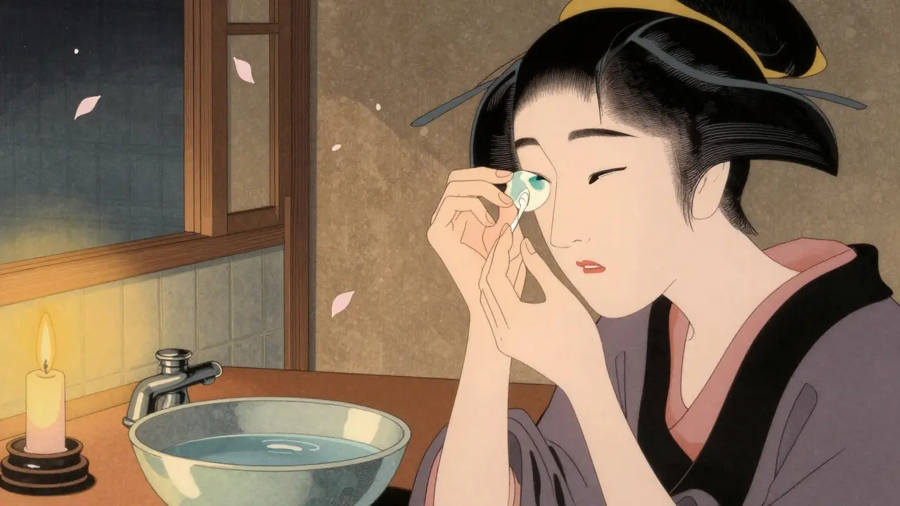 Женщина снимает линзы перед вечерним уходом в стиле укиё-э