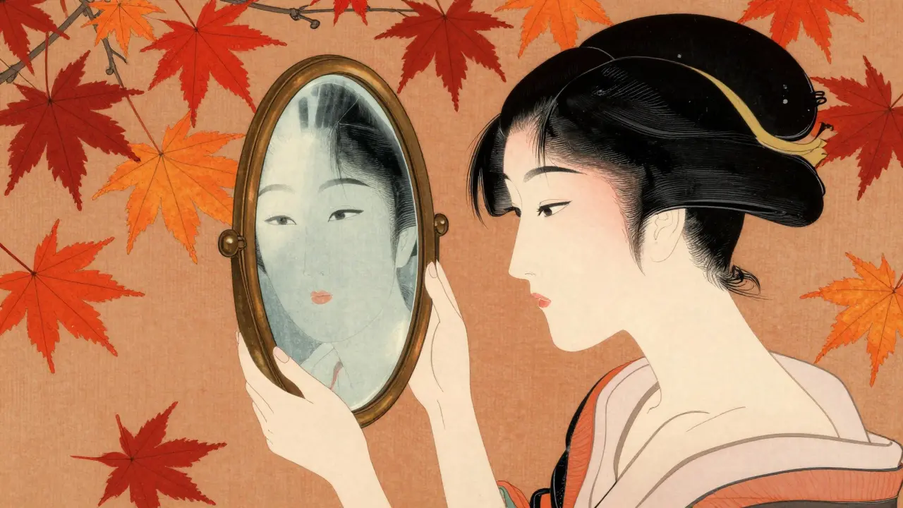 Женщина среди осенних листьев восстанавливает кожу в стиле укиё-э